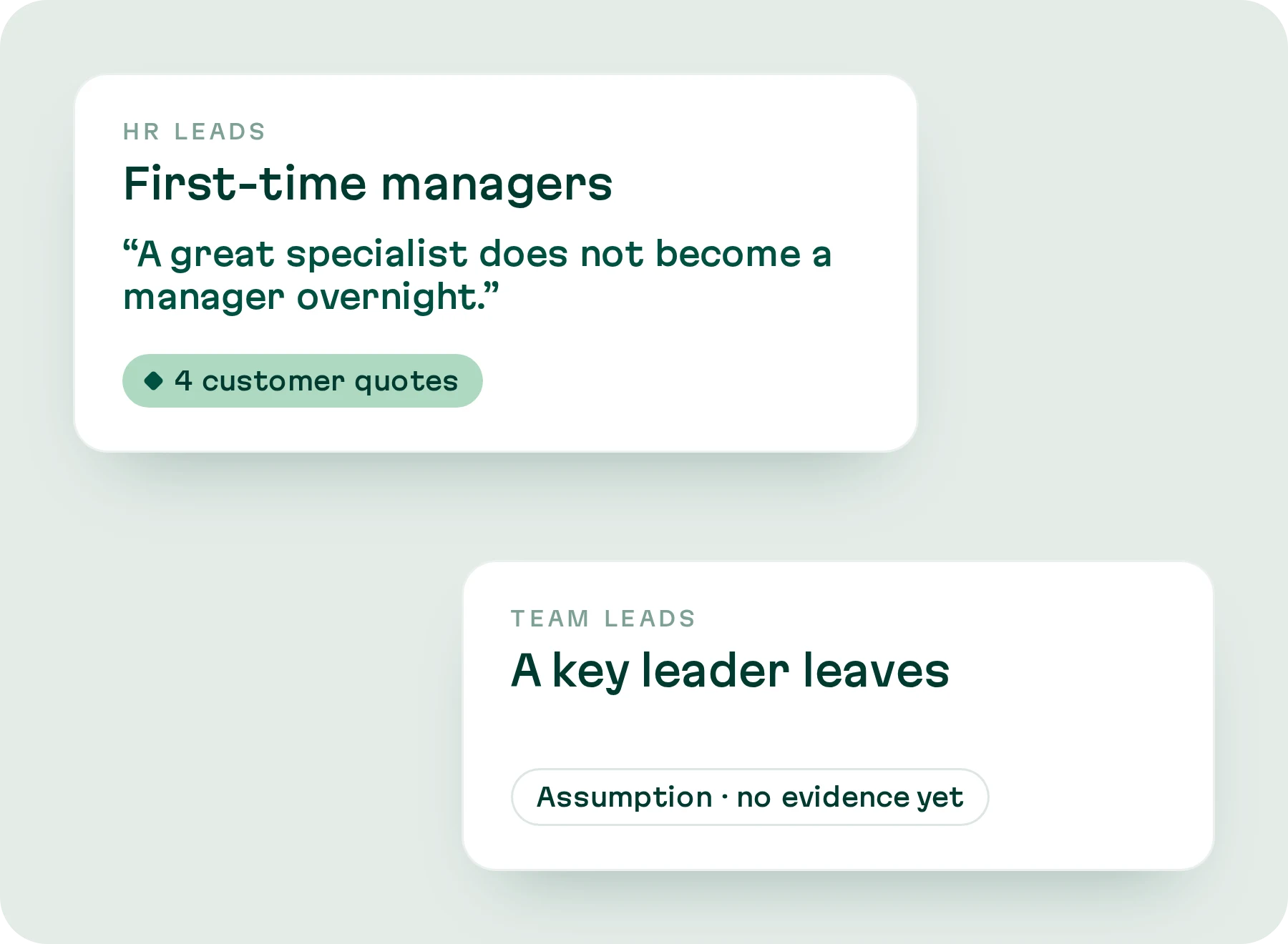Two play cards: one backed by customer quotes, one marked as an assumption with no evidence yet.